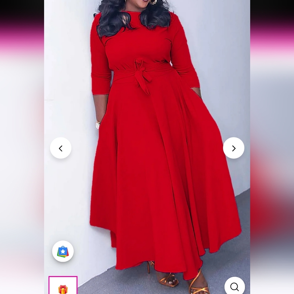 Elegant Red Long-Sleeve Maxi Dress with Waist Tie